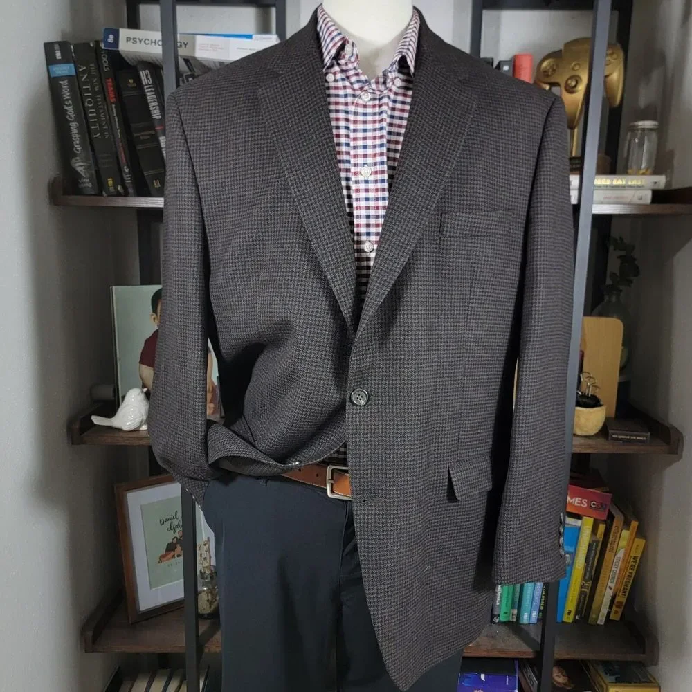 Chaps Men's Tweed Sport Coat Blazer Two Button Twill Houndstooth Brown Wool 46R‎